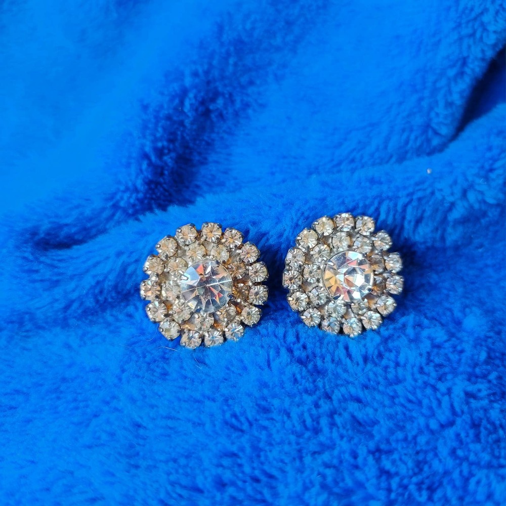 Antique 1920s Art Deco Circle Round Rhinestone Silver Tone Clip On Earrings